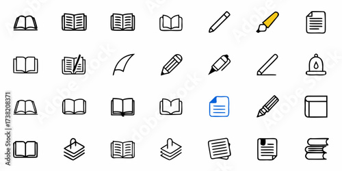 Collection of simple hand-drawn icons featuring books, pencils, pens, and documents perfect for educational or creative projects