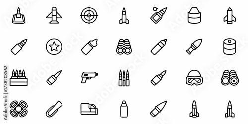 Dynamic collection of military and combat icons representing warfare, strategy, and defense, perfect for modern design projects and educational content.