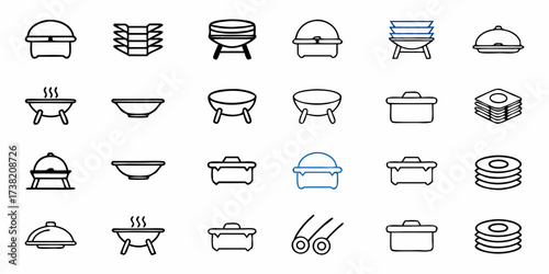 Captivating collection of simple line art icons showcasing various culinary serving dishes, chafing dishes, grills, bowls, and stacked plates, perfect for food service and restaurant branding.