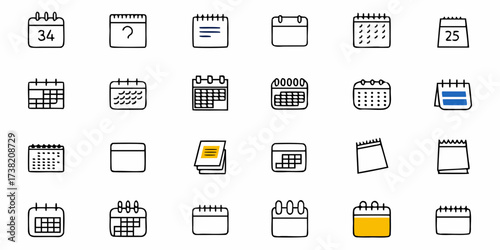 Collection of charming hand drawn calendar icons offering diverse date tracking and planning visuals for modern business and personal organization needs, evoking a sense of simplicity and efficiency