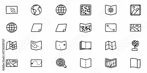 Explore the world with this collection of hand-drawn map icons, globes, and compasses perfect for travel, navigation, and discovery projects