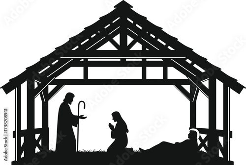 Nativity silhouette with Mary, Joseph, baby Jesus in manger, holy family inside stable, Christmas Christian religious illustration, faith, worship scene