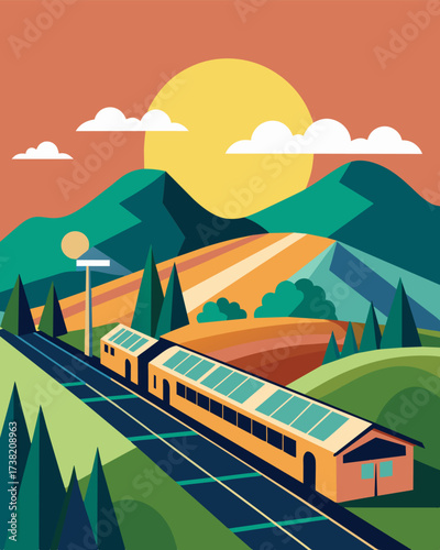 A quaint railway station nestled a rolling hills its solar panels blending seamlessly with the surrounding landscape.. Vector illustration