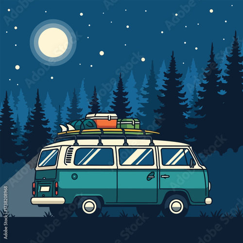 Vintage camper van loaded with gear embarks on a magical nighttime forest adventure under a full moon sky.