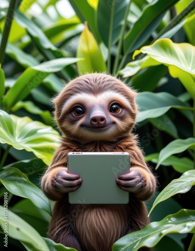 Cute sloth holding tablet surrounded by lush green tropical leaves in nature
