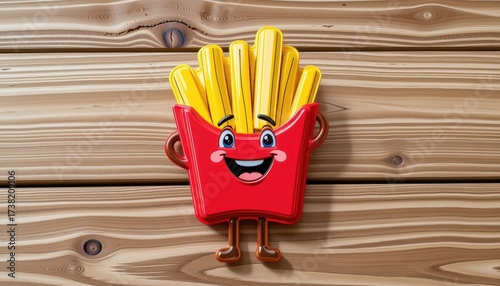 Cheerful cartoon character of French fries in a happy box with wooden background