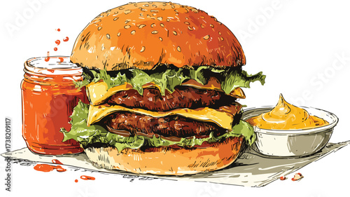 Delicious Burger with Spicy Sauce Vector Illustration for Food Concept