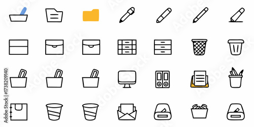 Modern office supplies icons set including pens folders computer files and desk organizers perfect for business presentations and educational materials
