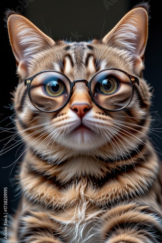 Adorable Tabby Cat with Glasses Looking Curiously at the Camera in Close-Up Shot