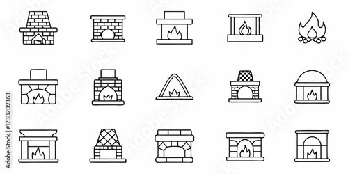 Collection of simple line art icons featuring diverse fireplace designs, from classic brick to modern styles, symbolizing warmth and home comfort