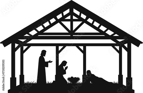 Nativity silhouette scene with Mary, Joseph, baby Jesus in stable, holy family worship, Christmas manger design, Christian faith religious illustration