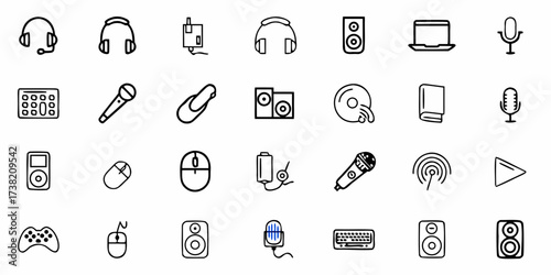 Diverse collection of essential technology and entertainment icons including headphones, microphones, speakers, laptops, and gaming controllers for digital projects.