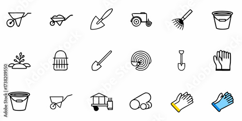 Essential gardening tools and equipment icons for planting, cultivating, and landscaping projects, showcasing a modern, clean aesthetic perfect for agricultural or DIY content.