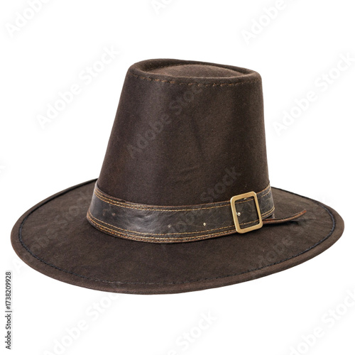 A dark brown pilgrim hat with a buckle, suitable for historical reenactments or costumes isolated on transparent background