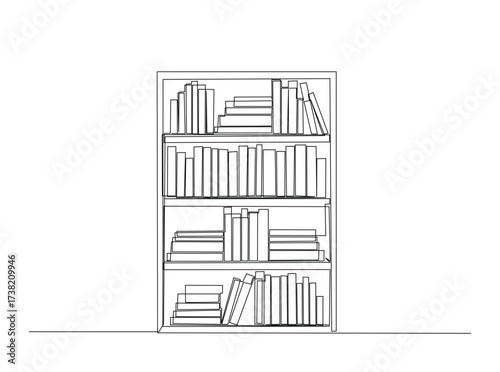 Library bookshelf furniture in single outline illustration. Continuous line art drawing of books rack library. Editable stroke.