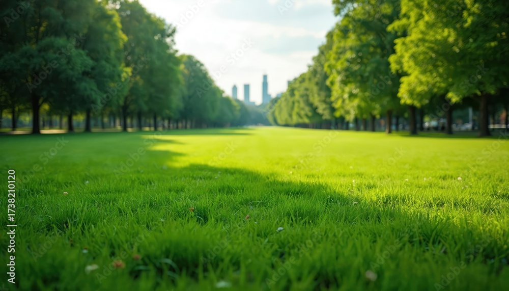 Obraz premium Expansive green grass field in urban park. Tall trees line long path leading to city skyscrapers in distance. Sun shines bright on rich lawn. Fresh nature landscape, ideal for outdoor leisure,