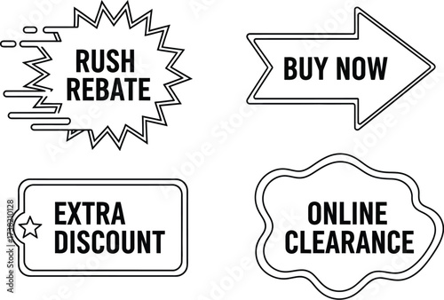 Vector art of online sale labels with rush rebate, buy now, and discount