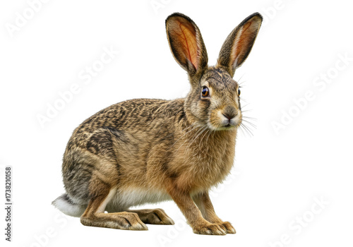 Isolated European hare, animal wildlife close-up with long ears looking at camera, natural lighting