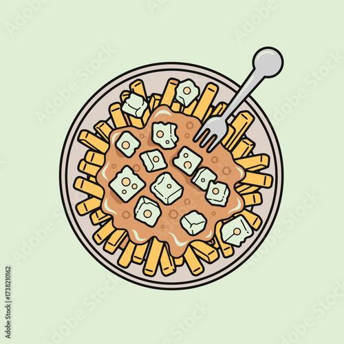 Poutine illustration on a plate with fork