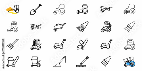 Diverse collection of clean line art icons showcasing tractors, mowers, wheelbarrows, shovels, rakes, and other essential landscaping and gardening tools for modern design projects.
