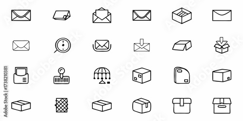 Diverse collection of hand drawn icons depicting envelopes, boxes, mail delivery, and shipping logistics for modern business and communication projects