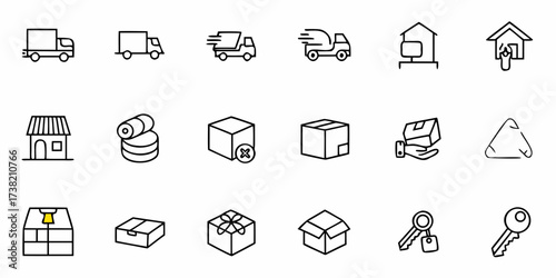Dynamic delivery icons showcase trucks, packages, and home services for modern logistics and e-commerce businesses seeking efficient shipping solutions