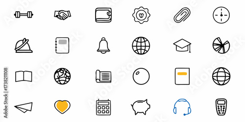 Modern icon set representing diverse business concepts like finance, education, communication, health, and global reach for innovative projects
