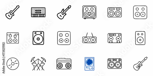 Dynamic collection of musical instruments and audio equipment icons, perfect for music production, DJing, and sound technology themes, ready to elevate your creative projects