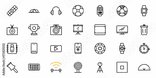 Collection of diverse modern technology and icon symbols for digital presentations, apps, and websites, showcasing innovation and connectivity with a clean, minimalist aesthetic