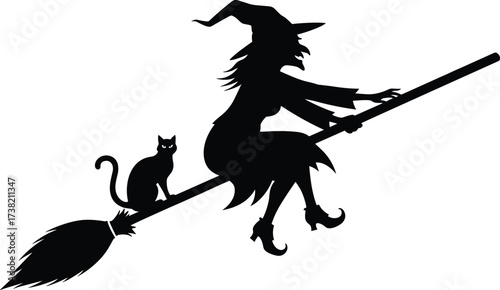 Halloween witch silhouette flying on broomstick with black cat, spooky mystical artwork, scary fantasy illustration, holiday decoration, dark magical design