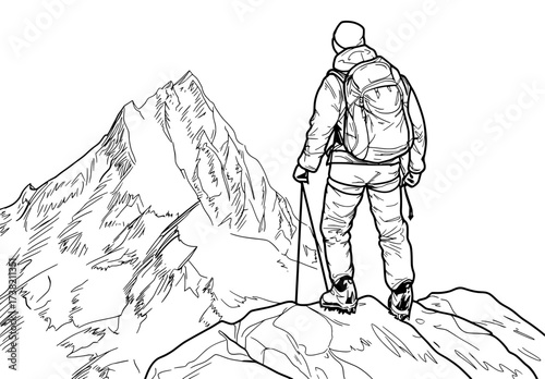 A steep mountain peak is being climbed by a mountaineer, captured in a monochrome silhouette