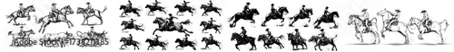 Modern illustration featuring a bull rider silhouette, bull rider icon, and a set of rodeo bull silhouettes, including a bull buffalo rider, on a clean white background