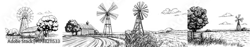 A windmill stands in a rural setting, depicted in black and white silhouette