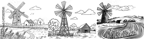 A traditional windmill stands outlined against a rural backdrop