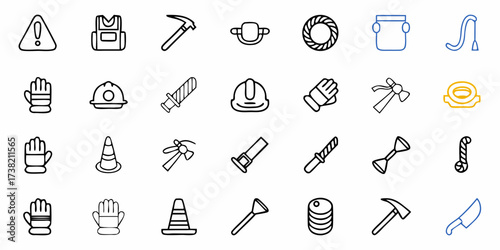 Essential safety gear and construction tools meticulously illustrated in a clean, modern icon set, perfect for industrial, safety, and DIY projects.