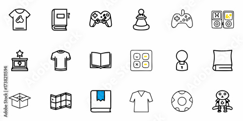 Diverse icons representing hobbies, gaming, achievements, and everyday items like books and apparel, perfect for modern digital content and presentations.