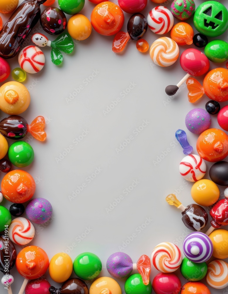 Obraz premium Colorful Assortment of Candy and Sweets Framed on Gray Background for Celebrations