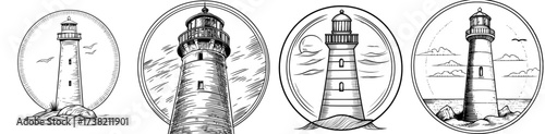 A circular icon featuring a lighthouse and ocean waves rendered in silhouette