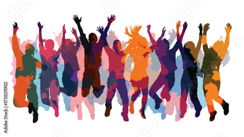 Cheerful People Silhouettes in Crowd: Happy Group of Diverse Individuals Celebrating Together