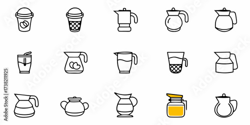 Diverse collection of coffee and beverage icons featuring carafes, cups, and pitchers, perfect for cafes, menus, and modern branding projects.