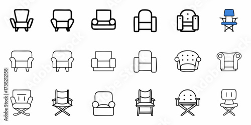 Diverse collection of armchair and chair icon designs showcasing various styles from modern to classic, perfect for interior design and furniture concepts.