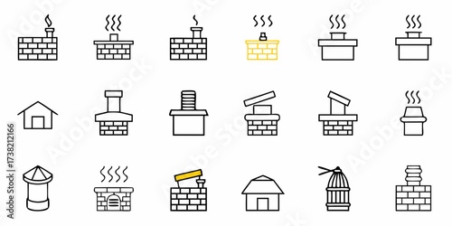 Collection of stylized chimney and furnace icons, representing warmth, industry, and home comfort with clean lines and modern design elements, perfect for architectural or conceptual projects.
