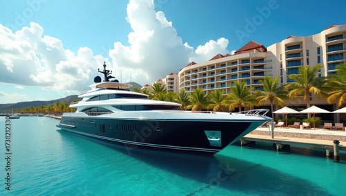 Fototapeta Naklejka Na Ścianę i Meble -  Luxury yacht docked beside a hotel marina
