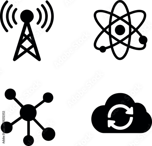 Vector illustration of a radio tower atom molecule network and cloud sync icons set