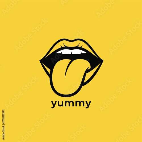 Vector art of a stylized illustration of a mouth with a protruding tongue and the word yummy, set against a vibrant yellow background