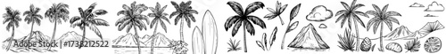 Tropical island and palm tree illustrations are presented in a collection using silhouette style