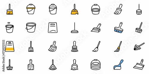 Essential cleaning tools collection featuring brooms, buckets, dustpans, and brushes for a spotless home or professional space, simplifying chores with modern, clean design elements.