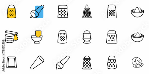 Culinary tools and ingredients collection featuring graters, bowls, and piping bags, perfect for recipe design, cooking blogs, and kitchen infographics