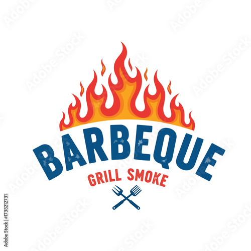 Vector art of barbeque grill smoke logo featuring flames, crossed forks, and bold lettering for a restaurant or catering service