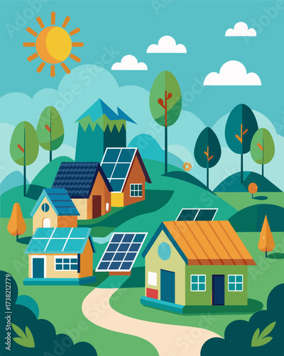 An idyllic countryside village with smart homes that incorporate solar panels and storage batteries for a reliable and ecofriendly energy source.. Vector illustration